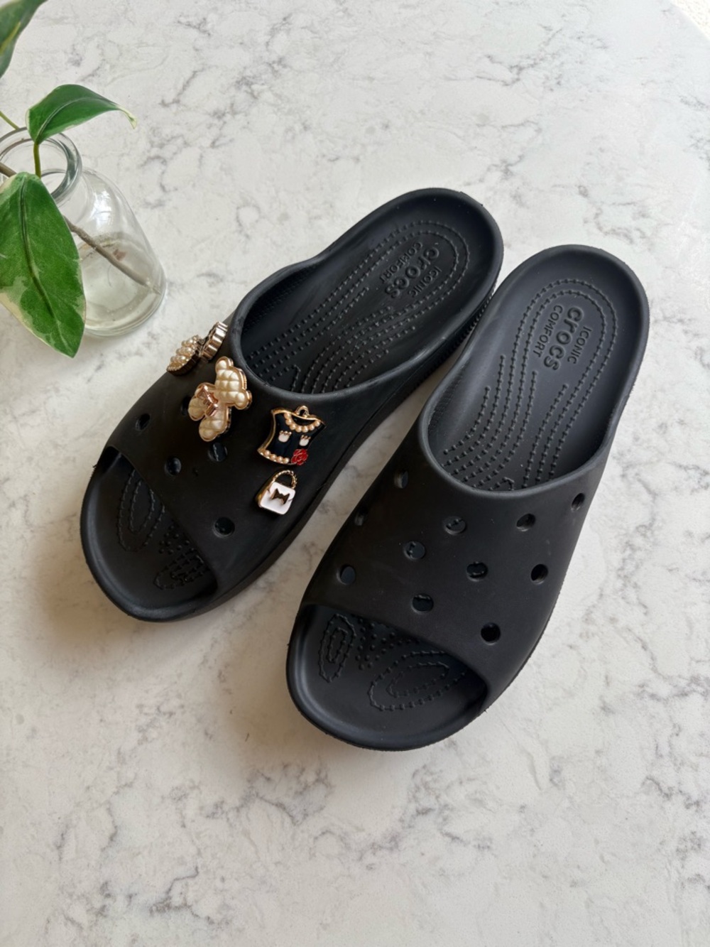 Black Iconic Crocs Slide Sandals with Decorative Charms 7.5